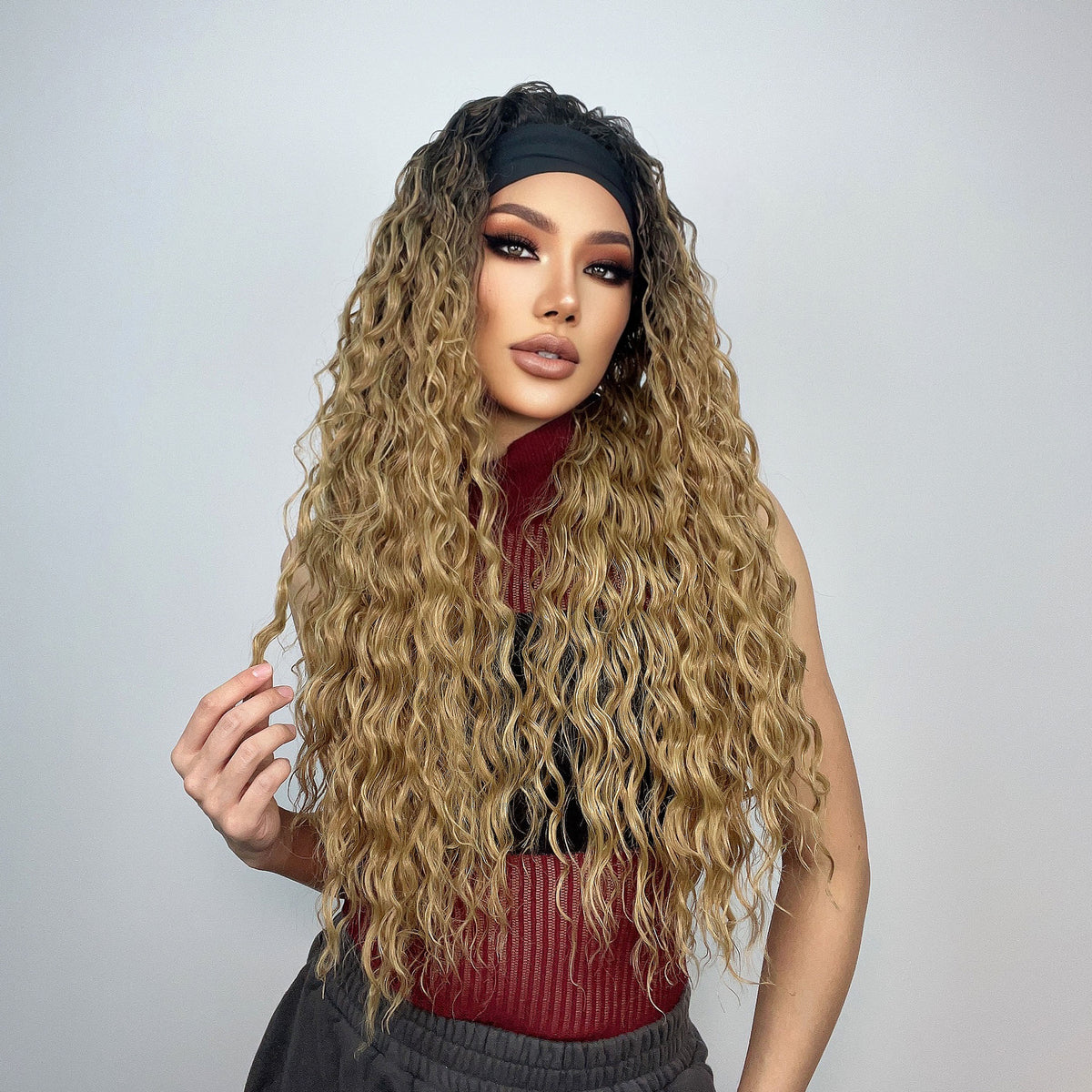 Everly Long Curly Headband Wig — Brown-Blonde