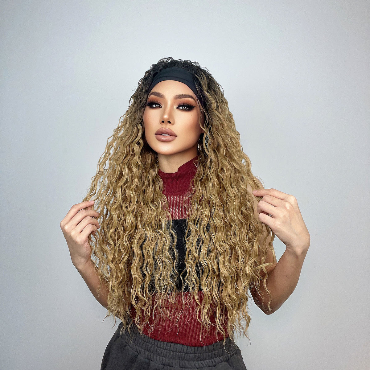 Everly Long Curly Headband Wig — Brown-Blonde