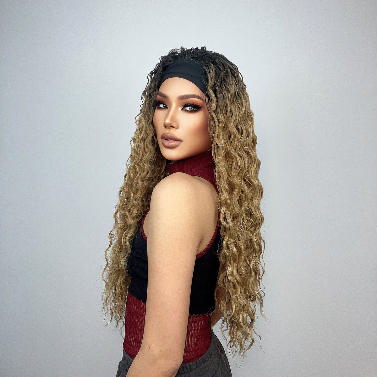 Everly Long Curly Headband Wig — Brown-Blonde